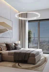 Sobha Central Dubaj – sypialnia z widokiem na panoramę Dubaju
